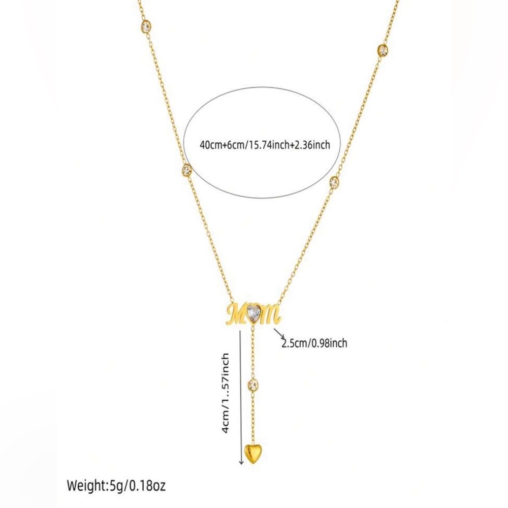 18K Gold Plated Mom Necklace | CZ Heart Drop Necklace | Mother’s Day Gift - Picture 5 of 5